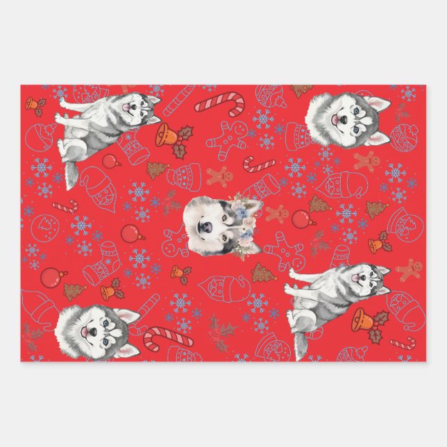Hoja De Papel De Regalo Cute Husky Dog Christmas Winter Seamless Pattern  (Anverso)