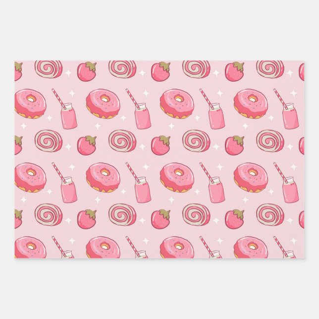 Hoja De Papel De Regalo Cute Kawaii Pink Aesthetic Foods Seamless Pattern (Anverso)