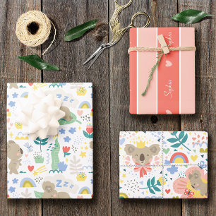 Hoja De Papel De Regalo Cute Koala Pattern with Little Girl Name on Pink