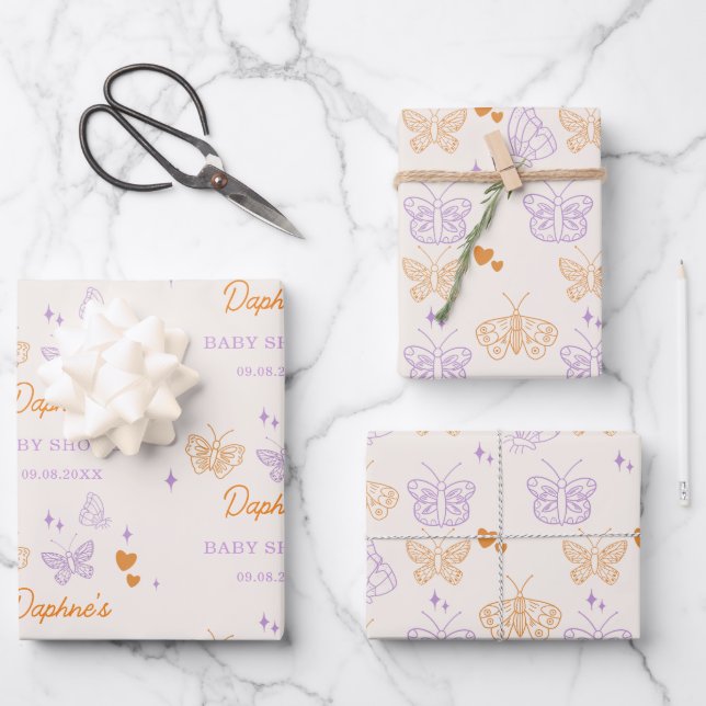Hoja De Papel De Regalo Cute Lavender y Naranja Mariposa Baby Shower (Anverso)
