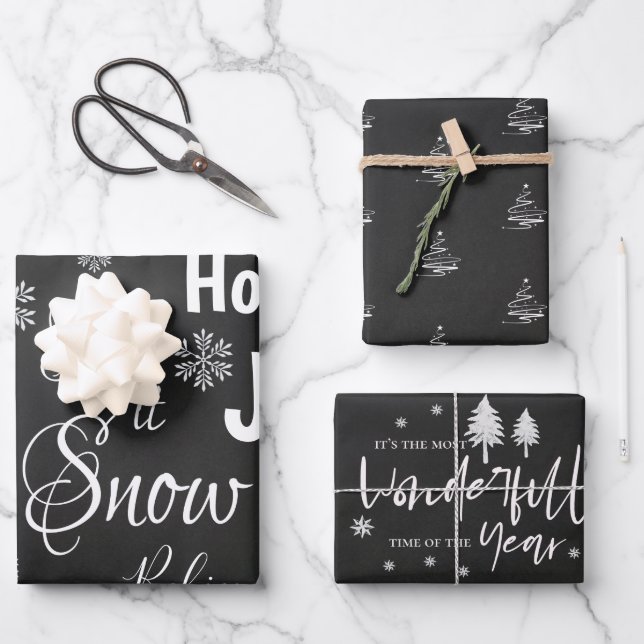 Hoja De Papel De Regalo Cute Let It Snow Black Merry Christmas Cita Regalo (Anverso)