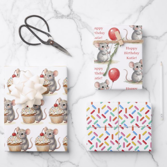 Hoja De Papel De Regalo Cute Mouse, Cupcakes and Sprinkles Birthday (Anverso)