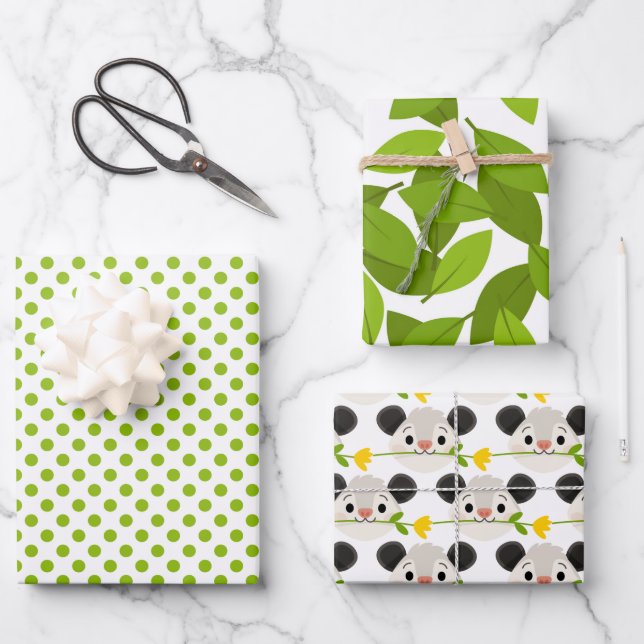 Hoja De Papel De Regalo Cute Opossum Faces, Green Leaves & Circles Pattern (Anverso)