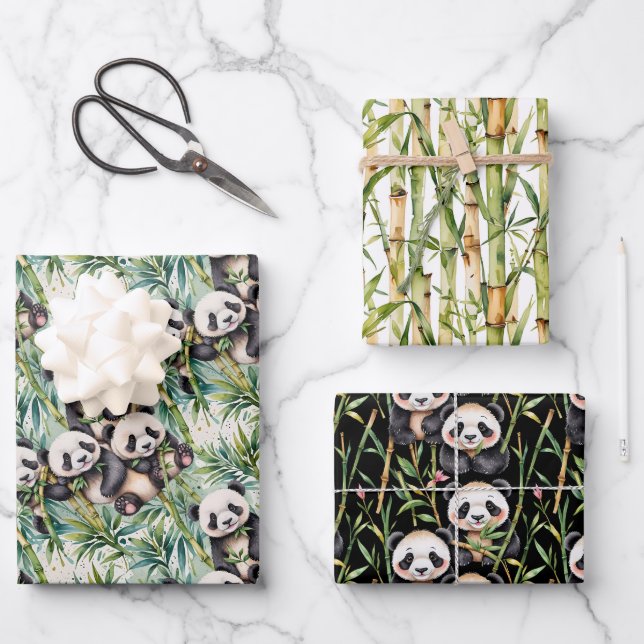 Hoja De Papel De Regalo Cute Pandas y Bambú (Anverso)