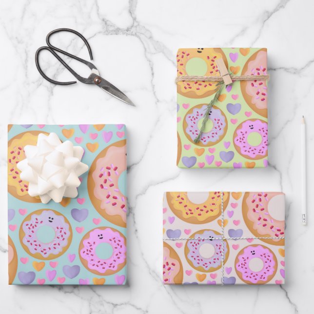 Hoja De Papel De Regalo Cute Pastel Donuts & Hearts (Anverso)
