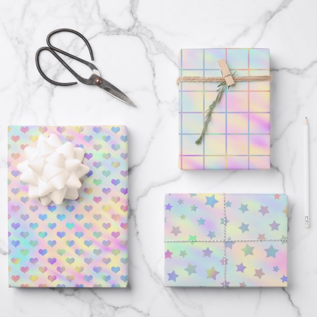 Hoja De Papel De Regalo Cute, Pastel, Holographic Heart, Star and Square (Anverso)