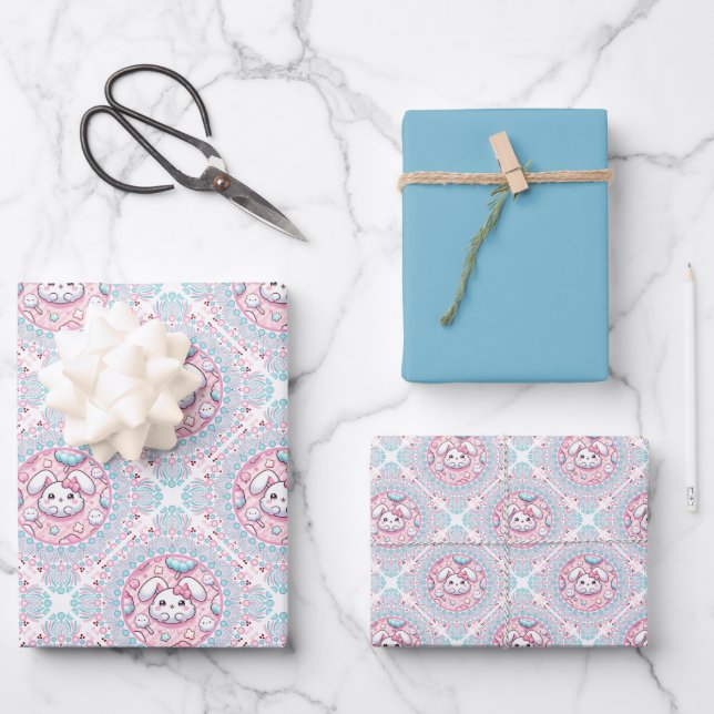 Hoja De Papel De Regalo Cute Pastel Kawaii Bunny Dot Mandala Diamond Tile (Anverso)