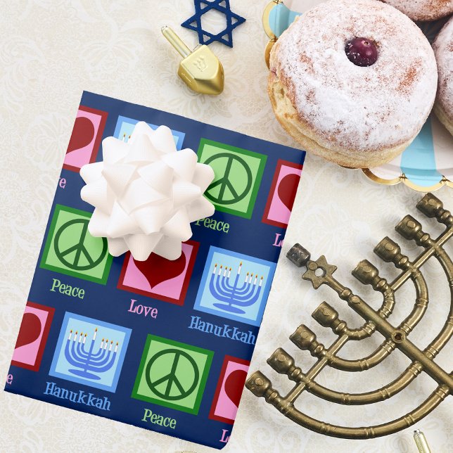 Hoja De Papel De Regalo Cute Peace Love Hanukkah Pattern Dark Blue (Subido por el creador)