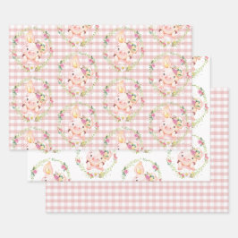 Hoja De Papel De Regalo Cute Pig Pink Floral Baby Shower Birthday Gingham