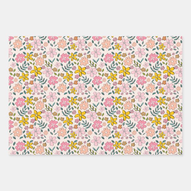 Hoja De Papel De Regalo Cute Pink and Yellow Floral Pattern (Anverso)