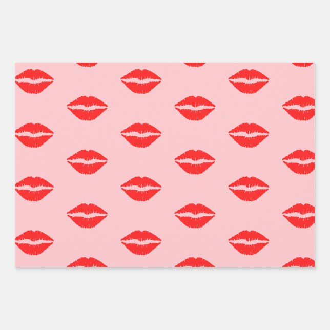 Hoja De Papel De Regalo Cute Pink Luscious Red Lips Patrón de Labial  (Anverso)