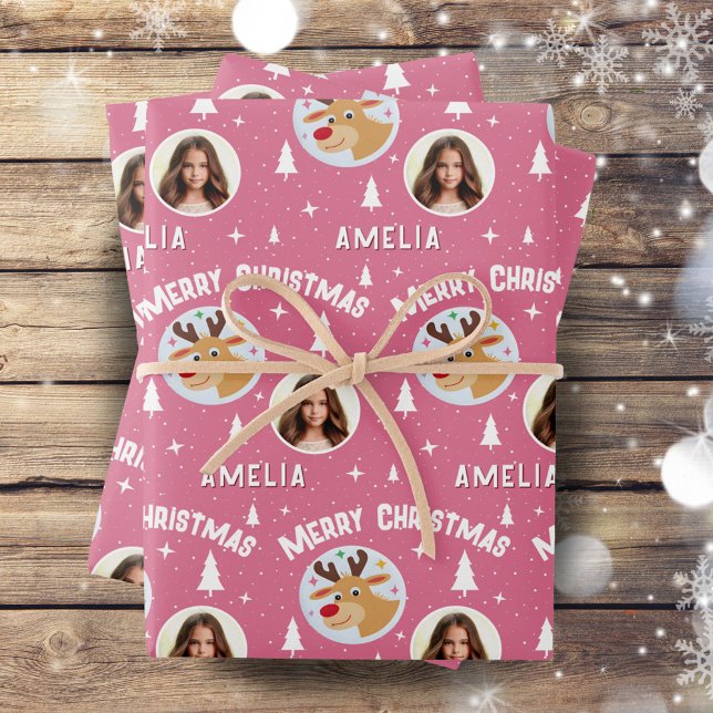 Hoja De Papel De Regalo Cute Pink Reindeer Kid`s Name Photo Christmas (Subido por el creador)