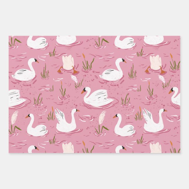 Hoja De Papel De Regalo Cute Pink Swan Seamless Pattern (Anverso)