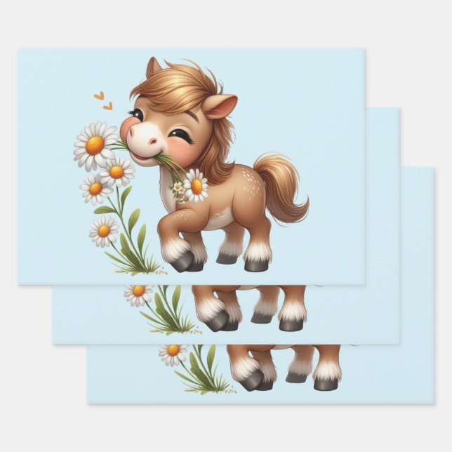 Hoja De Papel De Regalo Cute Pony Eating Daisies (Set)