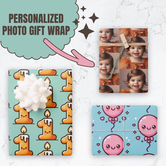 Hoja De Papel De Regalo Cute primer Personalizado de cumpleaños, Kawaii Ca (Cute First Birthday Custom Kawaii Candle Balloon Wrapping Paper Sheets.)