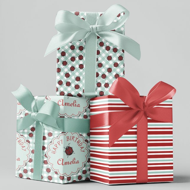 Hoja De Papel De Regalo Cute Red Ladybug Personalizado Niños Cumpleaños (Colorful Ladybugs Custom Gift Wrap. Editable Text. Hand-Drawn Ladybug Beetles on Turquoise Gingham.)