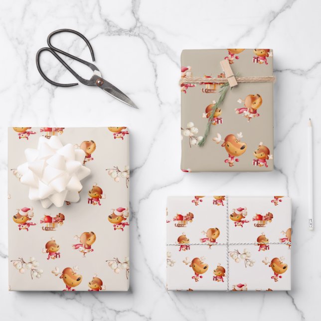 Hoja De Papel De Regalo Cute Reindeer Christmas Wrapping (Anverso)