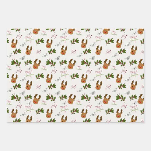 Hoja De Papel De Regalo Cute Reindeer & Holly Christmas Pattern (Anverso)