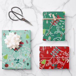 Hoja De Papel De Regalo Cute Reindeer, Trees & Snowflakes Festive Design