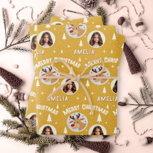 Hoja De Papel De Regalo Cute Reno Ciervo Amarillo Nombre Niño Foto Navidad