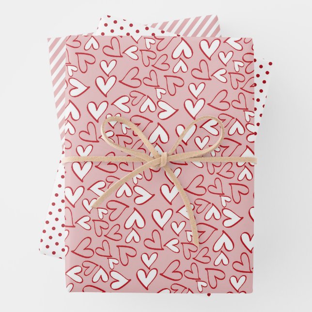 Hoja De Papel De Regalo Cute Rubor Pink Hearts Stripes Polka Dots Pattern (In situ)