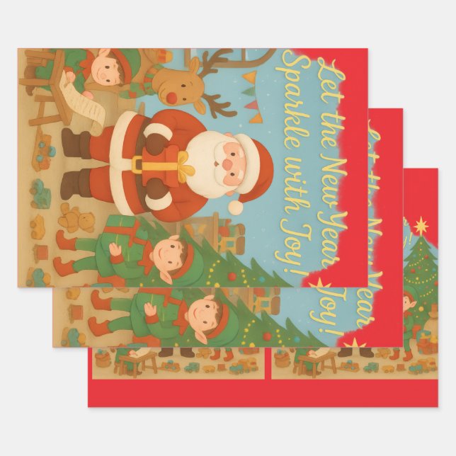 Hoja De Papel De Regalo Cute Santa & Elves New Year Holiday Card (Set)