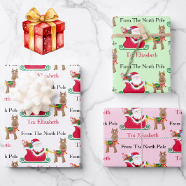Hoja De Papel De Regalo Cute Santa Reindeer Child's Name Christmas 3