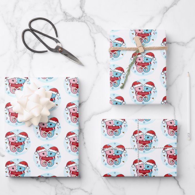 Hoja De Papel De Regalo Cute Seahorses Christmas Wrapping Paper Sheets (Anverso)