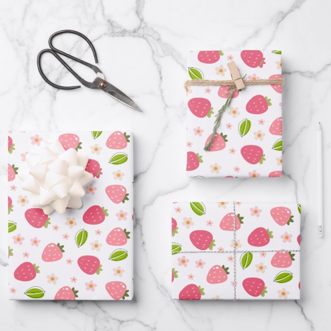 Hoja De Papel De Regalo Cute Strawberry Pink Girls Birthday (Anverso)