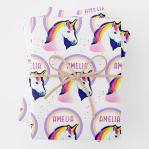Hoja De Papel De Regalo Cute Unicornio Estrellas mágicas nombre Chica cump
