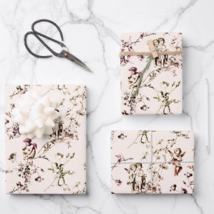 Hoja De Papel De Regalo Cute Vintage Cupido Angels Floral Toile Beige