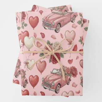 Hoja De Papel De Regalo Cute Vintage Pink Car & Heart Balloons Pattern