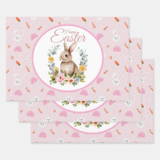 Hoja De Papel De Regalo Cute Watercolor Bunny Floral Wreath Easter