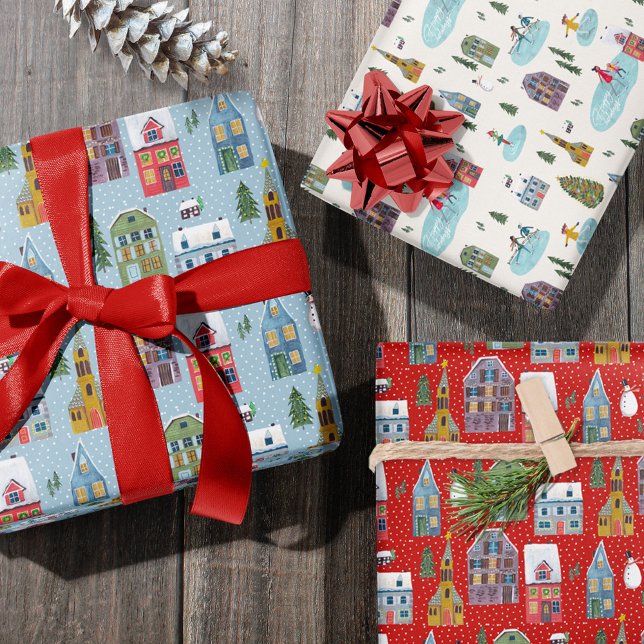 Hoja De Papel De Regalo Cute Winter House Village Navidades de escena (Cute Winter House Village Scene Christmas Wrapping Paper Sheets)