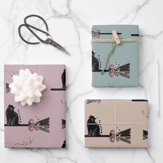 Hoja De Papel De Regalo Cute Witts Floral Par de gato negro (Anverso)