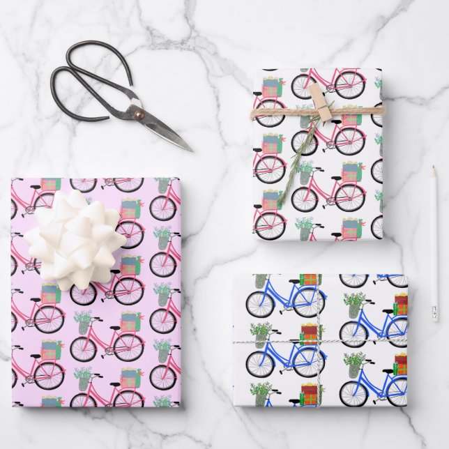 Hoja De Papel De Regalo Cute Xmas Bicicletas Vacaciones Regalo Azul Rosa (Anverso)