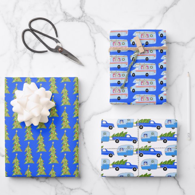 Hoja De Papel De Regalo Cute Xmas RV Camper Treilers Holiday Blue (Anverso)