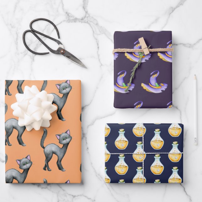 Hoja De Papel De Regalo Cuto Halloween Black Cat Witch Gorra Poción (Anverso)