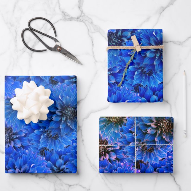Hoja De Papel De Regalo Dahlias en azul real - diseño floral (Anverso)