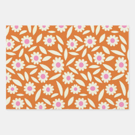 Hoja De Papel De Regalo Daisies Retro Groovy Patrón de flores en naranja 