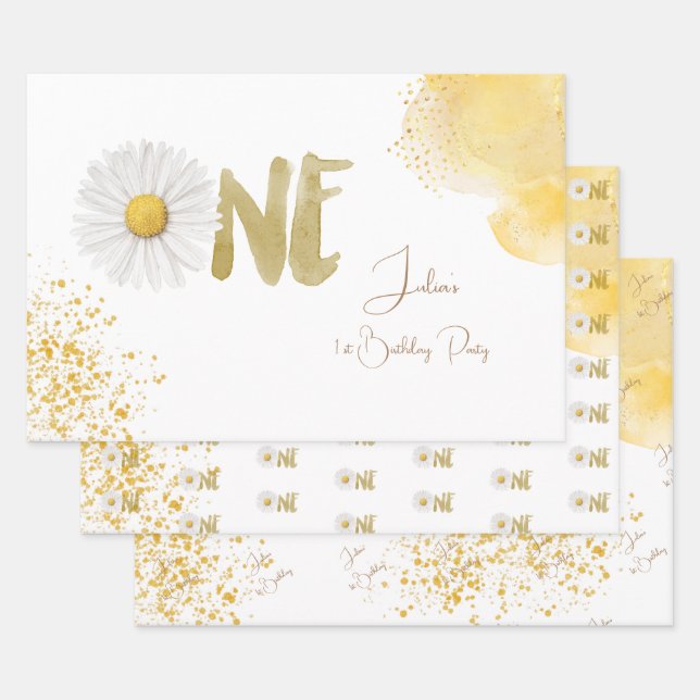 Hoja De Papel De Regalo Daisy acuarela primer cumpleaños (Set)