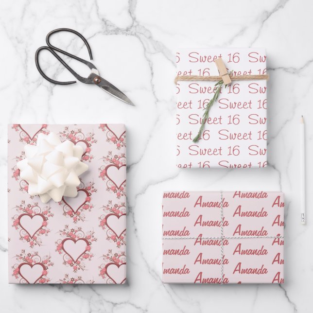 Hoja De Papel De Regalo Daisy and Heart Sweet 16  (Anverso)