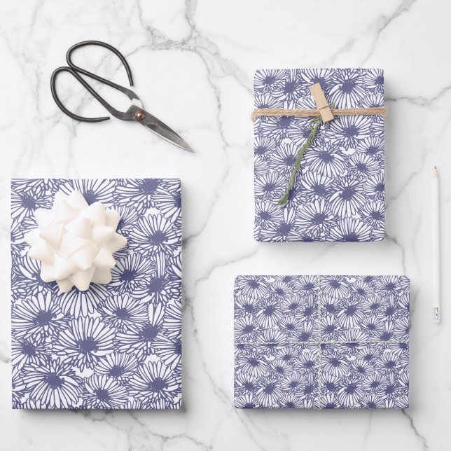 Hoja De Papel De Regalo Daisy Blooms - Midnight Blue  (Anverso)