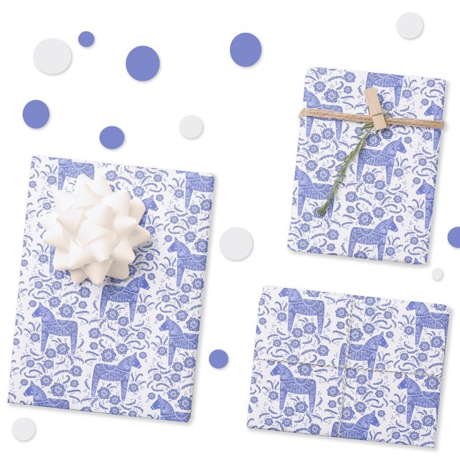Hoja De Papel De Regalo Dala sueca Caballo Índigo azul y blanco (Blue and white Swedish Dala horse pattern gift wrap)