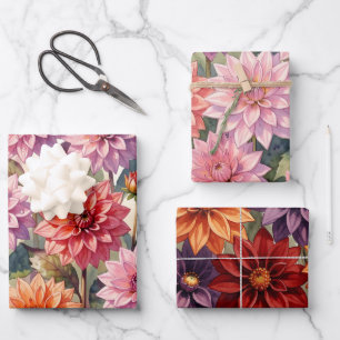 Hoja De Papel De Regalo Dalia Floral Botánica Colorida de Primavera