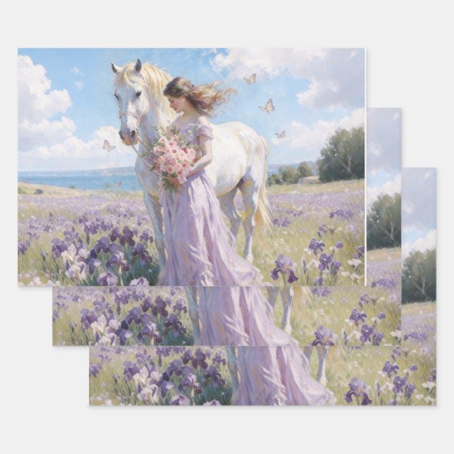 Hoja De Papel De Regalo Dama y caballo blanco en Iris Field (Set)