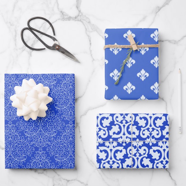 Hoja De Papel De Regalo Damás Blanco Y Azul  (Anverso)