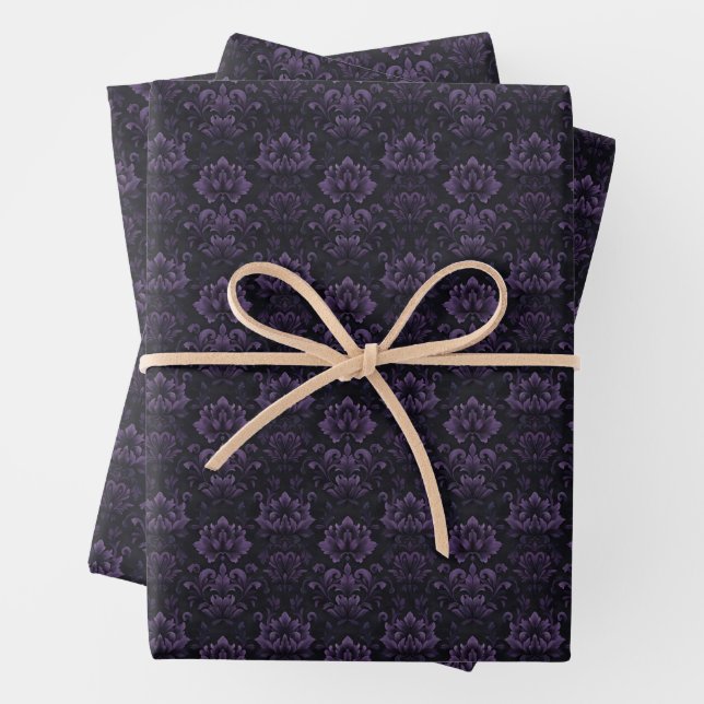Hoja De Papel De Regalo Damas moradas oscuras de flores en negro (In situ)