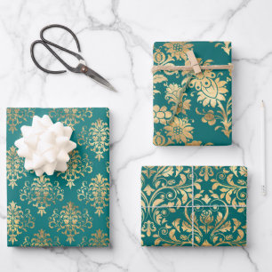 Hoja De Papel De Regalo Damasco de cosecha verde azulada y dorada