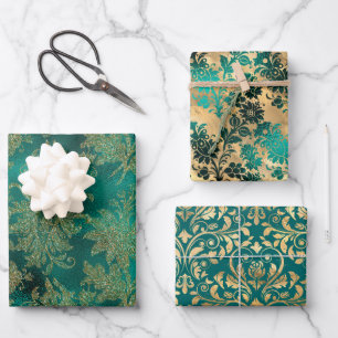 Hoja De Papel De Regalo Damasco de cosecha verde azulada y dorada